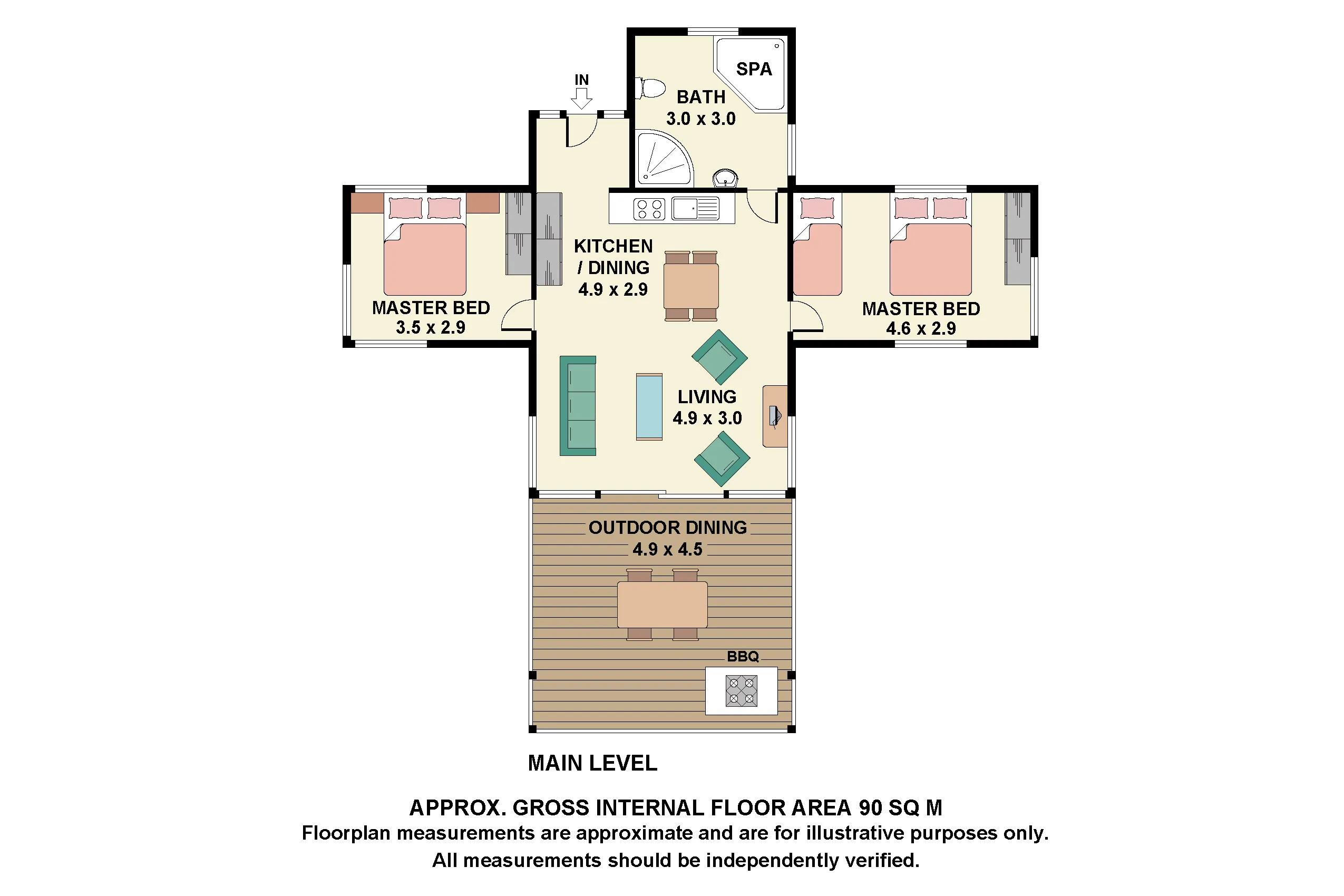 Tallowood floor plan — two bedrooms, accessible bathroom, open living area, deck