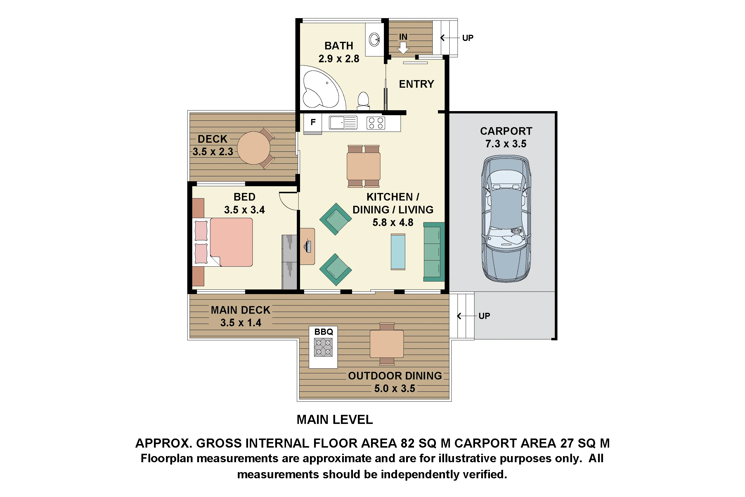 The Bower floor plan — one bedroom, bathroom, open living area, deck