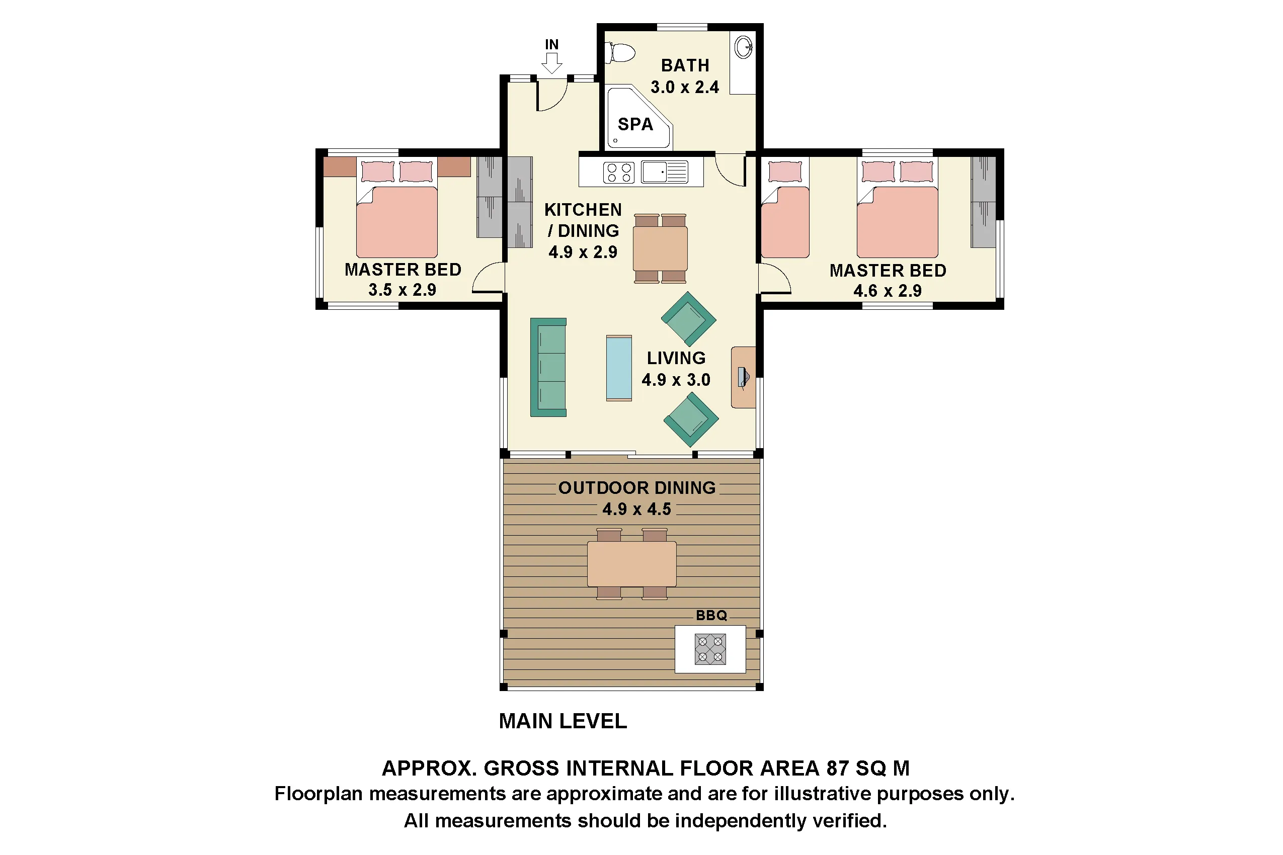 The Ridge floor plan — two bedrooms, bathroom, open living area, deck
