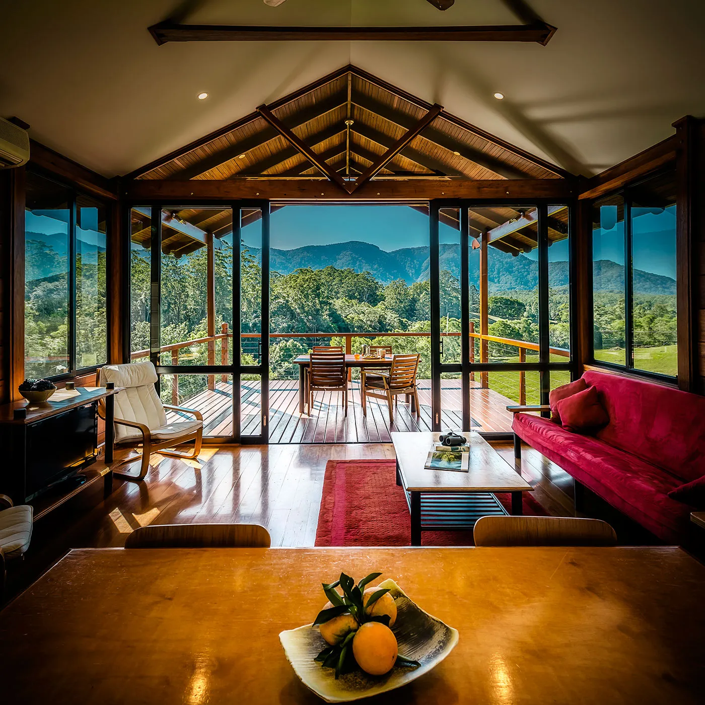 View from Tallowood kitchen — mountains framed through the glass